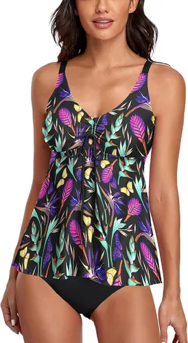 Vista 22 de Omichic Trajes de baño tankini para mujer, de dos piezas, blusa tipo tankini modesta con parte inferior de bikini Negro