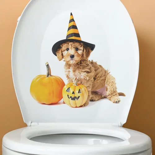 Vista 2 de Kiddale 4 Sheets Halloween Toilet Lid Decals, Cat Bat Pumpkin Stickers Home