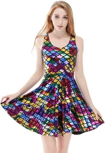 Vista 2 de Fashion Queen 14 colores mujeres escamas de pescado mini vestido sin mangas sirena skater vestido