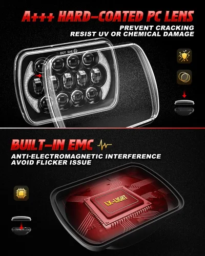 Vista 4 de LX-LIGHT 105W 1000% Brillante Faros LED Negros H6054 5x7 7x6 DRL Antirreflejos Haz Sellado Alto/Bajo Compatible con Jeep Wrangler YJ Cherokee XJ