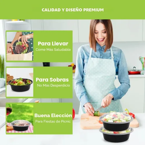 Vista 4 de Recipientes de preparación de comidas con tapas, paquete de 50 tazones de comida de 32 onzas, recipientes redondos para llevar, sin BPA, aptos