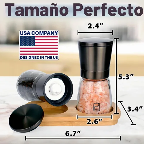Vista 3 de Juego de molinillo de sal y pimienta premium, soporte de bambú, 5 onzas PJC-Kitchen S&P Molino para especias: recargable, acabado inoxidable, grosor