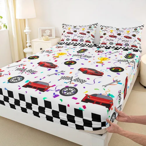 Vista 4 de Juego de sábanas de 3 piezas con diseño geométrico a cuadros de coche de carreras rojo para niños, niñas y adultos, juego de sábanas coloridas de 3