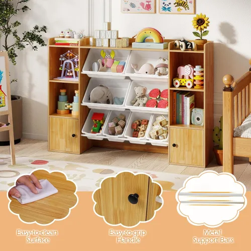 Vista 7 de HONEY JOY Organizador de almacenamiento de juguetes para niños, armario de madera de 56.5 pulgadas de largo con 8 contenedores extraíbles, estantes