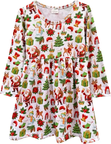 Vista 6 de Vestido de Navidad para niña pequeña, muñeco de nieve, árboles de Navidad, camión, a cuadros, reno, Papá Noel, vestido de invierno hasta la rodilla