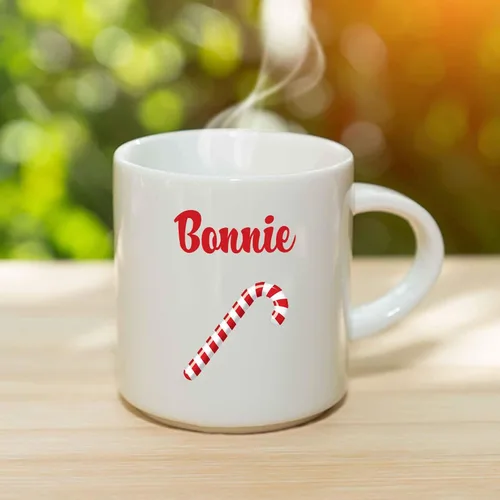 Vista 3 de Bonnie Taza de café – Taza de cerámica personalizada de bastón de caramelo con nombre, taza personalizada, regalo personalizado
