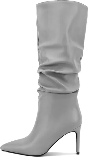 Vista 33 de Zamikoo Botas holgadas de tacón alto para mujer, botas de tacón de aguja altas hasta la rodilla, puntera puntiaguda, elásticas, botas altas de meter