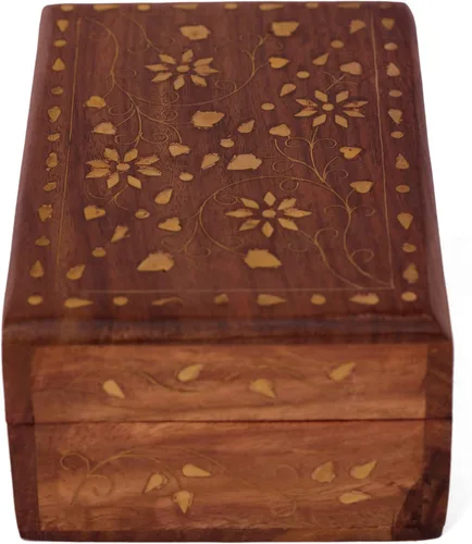 Vista 3 de GURU JEE Caja organizadora de madera con incrustaciones de latón floral con incrustaciones de latón