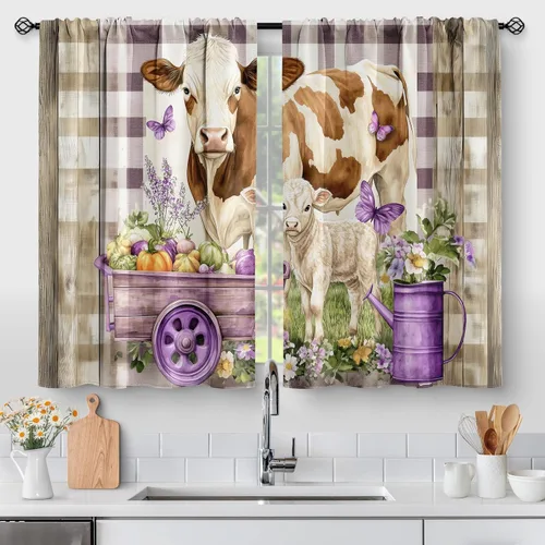 Vista 23 de Aimego - Cortinas de cocina con plantas rústicas y flores de primavera, botánicas, con hojas verdes, cortas, para cafetería, baño, con bolsillo