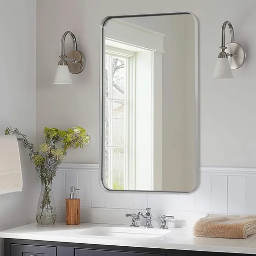 Vista 65 de ANDY STAR Espejo de pared cuadrado para baño, espejo de baño negro mate de 24 x 24 pulgadas, espejo de metal de esquina redondeada en marco de acero