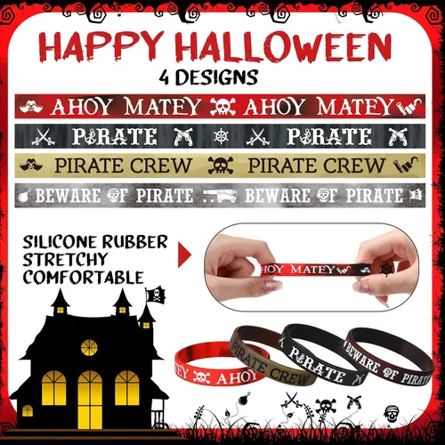 Vista 3 de Capoda 24 pulseras de silicona pirata Ahoy Matey Caribbean pulseras de goma calavera, barco pirata, recuerdos de fiesta para niñas y niños