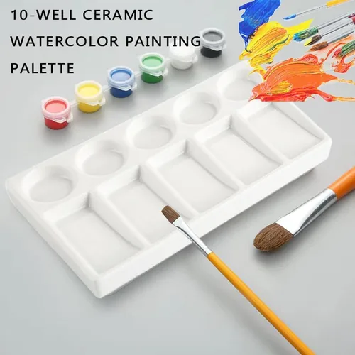 Vista 7 de Bandeja de paleta de acuarela de 10 pozos rectángulo blanco de cerámica para artista, paleta de pintura de acuarela de porcelana para acuarela
