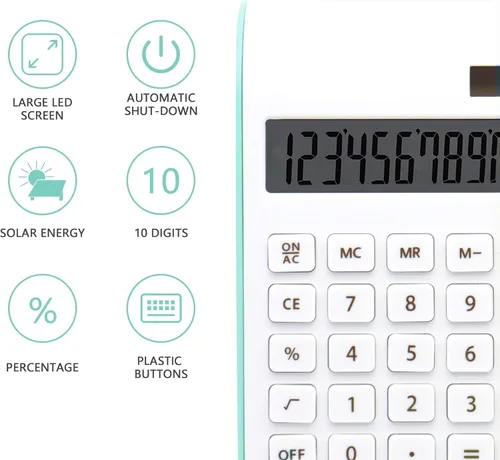 Vista 2 de Green Calculator, 10 Digits Solar Battery Basic, Dual Powered Desktop Calculator, Tilted LCD Display, Inclined Design Slim