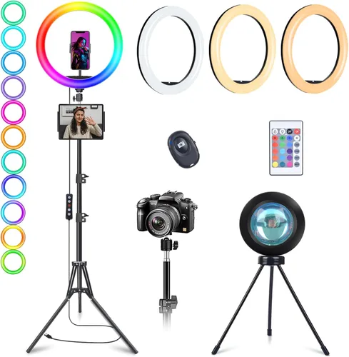 Vista 9 de Anillo de luz de 10.3 pulgadas con trípode y soporte para iPad para teléfono, anillo de luz para selfie con 51 modos de color, iluminación circular