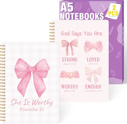 Vista 15 de Xqumoi - Paquete de 2 cuadernos en espiral A5 azules con lazo coqueto, cuadernos religiosos, versos bíblicos motivacionales, cuadernos de escritura