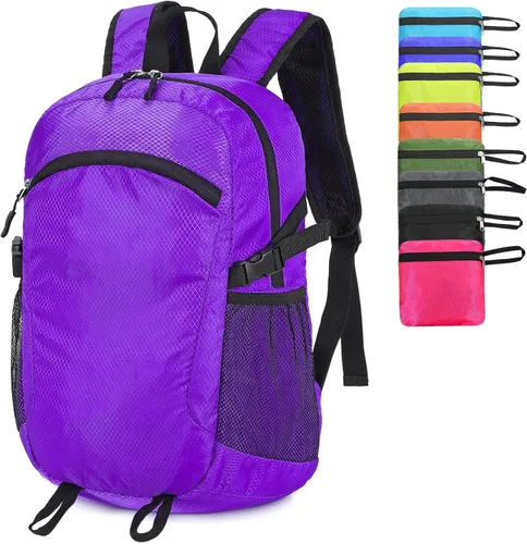Vista 13 de Mochila pequeña de senderismo para viajes, ligera, plegable, mochila de día resistente al agua, mochilas plegables de 15L para viajes, mujeres, Negro