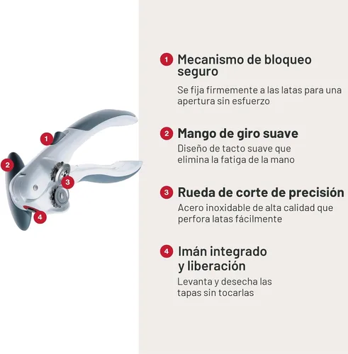 Vista 4 de Zyliss Lock N' Lift - Abridor de latas con imán elevador de tapa - Abridor manual con mecanismo de bloqueo - Fácil de girar - Abridor de latas Gris