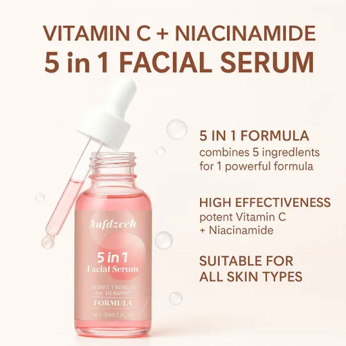Vista 2 de Suero facial hidratante 5 en 1 con vitamina C, ácido hialurónico, niacinamida y colágeno, suero facial ligero para una piel hidratante diaria, suave