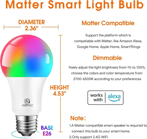 Vista 2 de Las bombillas energéticas funcionan con Alexa/Apple Home/Google Home/SmartThings, Matter Smart A19, bombillas inteligentes E26 RGB, equivalente a 60