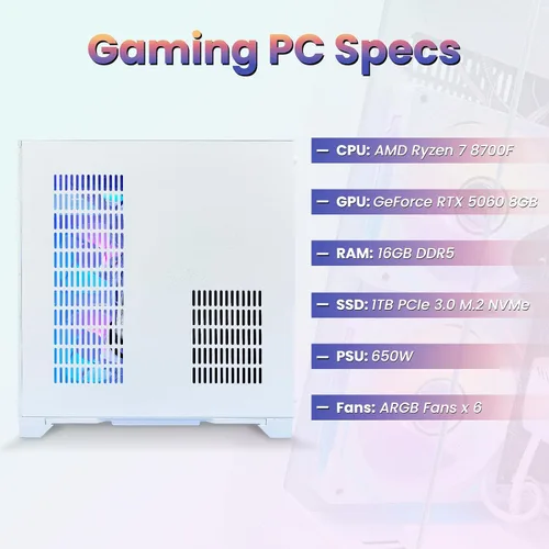 Vista 5 de LXZ PC para juegos preconstruida Ryzen 7 8700F RTX 5060 16GB DDR5 1TB SSD