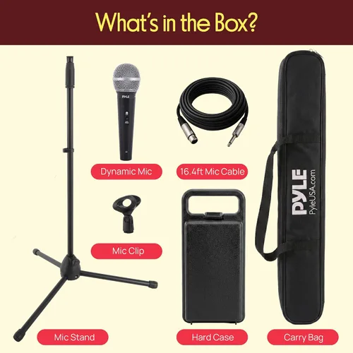 Vista 2 de Pyle PDMIC88ST - Kit de micrófono dinámico de mano profesional - Micrófono vocal unidireccional con cable con bolsa de transporte, soporte