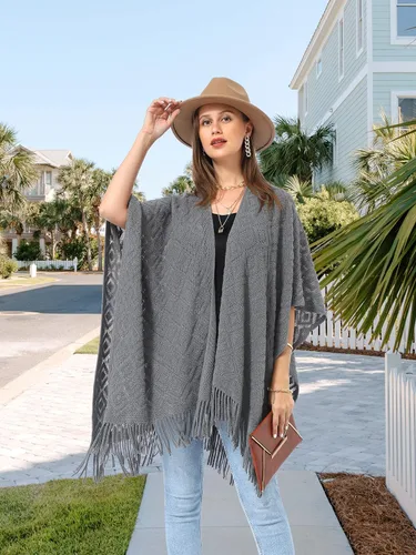 Vista 30 de Soul Young - Chal de punto para mujer, poncho con flecos y capa