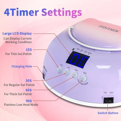 Vista 6 de Lámpara de uñas LED UV recargable profesional, luz UV inalámbrica de 96 W para uñas de gel con reflector metálico y base de metal, lámpara de secado
