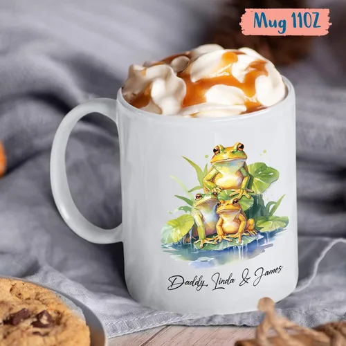Vista 4 de Tazas de la familia de ranas, taza personalizada para amantes de los animales, taza de café para papá regalo de niños, taza de cerámica