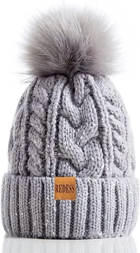 Vista 8 de Redess Gorro de invierno con pompón y forro polar cálido, grueso y holgado, tejido, para la nieve, para esquiar, para mujer Beige
