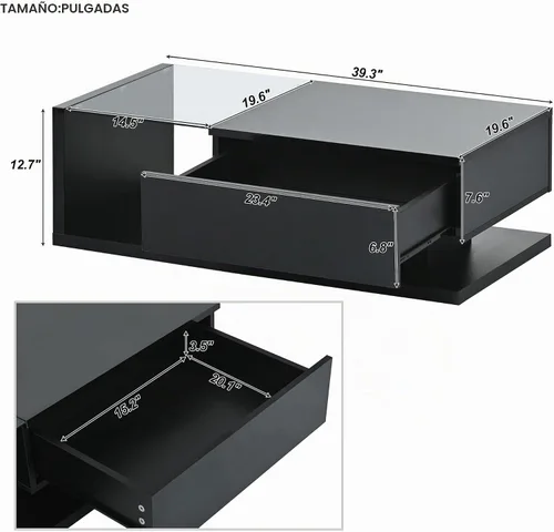 Vista 2 de LUMISOL - Mesa de centro moderna con cajón de almacenamiento para sala de estar, color negro Mesa central de alto brillo con vidrio templado, mesa