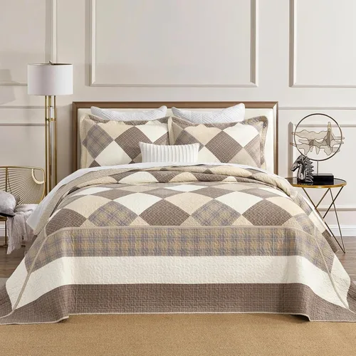 Vista 2 de Juego de ropa de cama de tamaño Queen grande, colcha de 120" x 102", 100% algodón, colcha acolchada ligera, juego de cubrecama de estilo rústico, 3