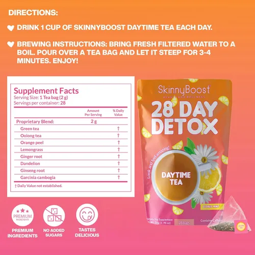 Vista 2 de SkinnyBoost Té diurno de desintoxicación para 28 días, menta cítrica (28 bolsas de té) apoya el metabolismo, desintoxicación, todo natural, sin OMG