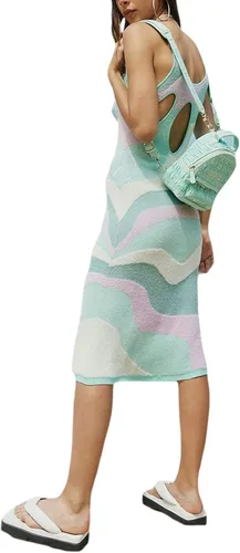 Vista 2 de FOMOYUU Vestido halter de punto para mujer, sin mangas, estampado geométrico, cuello en U, espalda descubierta, atar y ajustar, ajustado