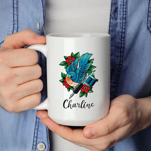 Vista 3 de Taza de artista de tatuaje floral, taza de café personalizada para tatuajes, taza de tatuaje personalizada con nombre regalo para amantes