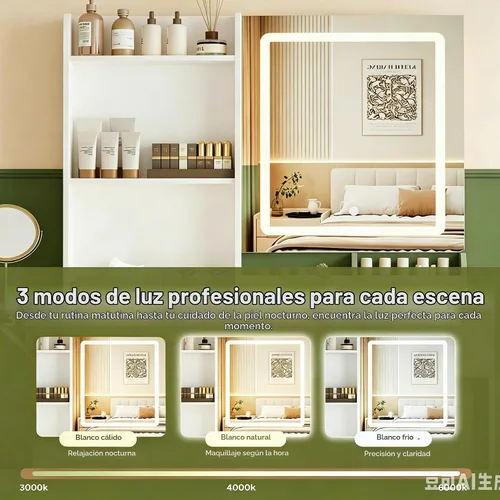 Vista 4 de Escritorio de tocador con espejo y luces, mesa de maquillaje de 43.31 pulgadas con 4 cajones, escritorio extra plegable con 3 estantes abiertos