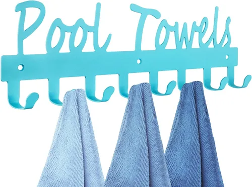 Vista 8 de Toalleros de piscina con estante 8 ganchos para piscina, baño, montaje en pared, toallero, soporte para toallas, soporte de acero al carbono