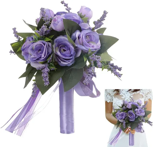 Vista 10 de EUBUY Ramos de boda para dama de honor, rosas artificiales blancas de 10.2 pulgadas, juego de ramos de seda de la serie Forest con lazo de cinta