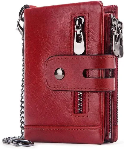 Vista 13 de boshiho Carteras de cuero auténtico con bloqueo RFID para hombre, billetera de doble pliegue con bolsillo para monedas con cremallera, con cadena