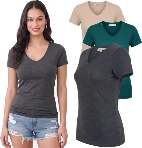Vista 207 de Emmalise Camiseta de manga corta para mujer, cuello en V, tallas junior y plus