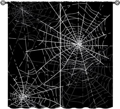 Vista 14 de JESTRONRY Cortinas de telaraña, telaraña espeluznante de Halloween, gótico, naranja, aterrador, tratamiento de ventana, cortinas opacas