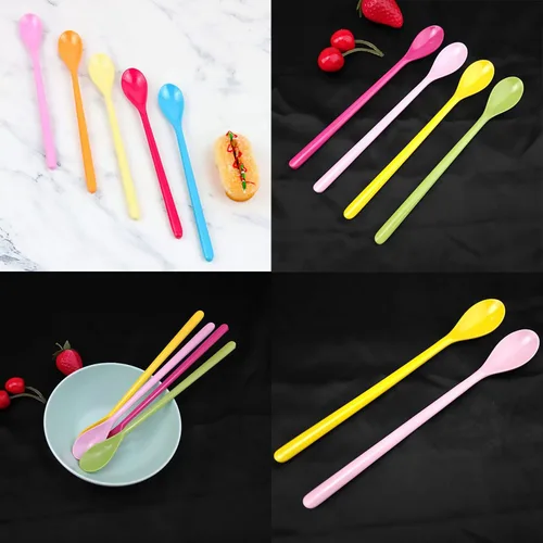 Vista 8 de Juego de 8 cucharas mezcladoras largas de melamina, cuchara de café con leche colorida, cuchara de helado de postre, cucharas de cóctel para postre