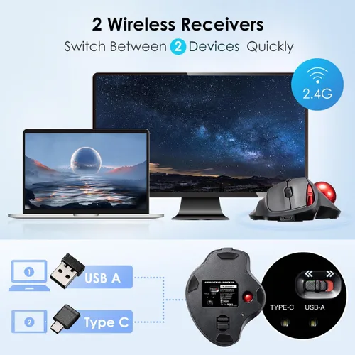 Vista 5 de SANWA Ratón de Trackball inalámbrico 2.4G, ratón óptico ergonómico, botones silenciosos programables, receptor USB-A y tipo C, control de pulgar, 4