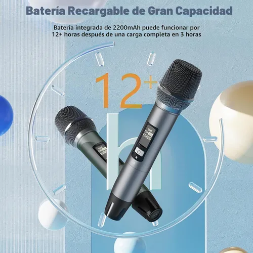 Vista 2 de HWWR Micrófonos inalámbricos, micrófonos duales UHF profesionales para karaoke, sistema de micrófono dinámico inalámbrico con receptor recargable
