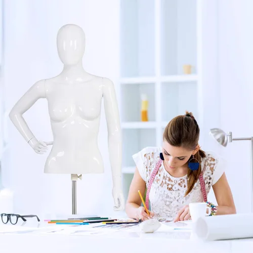 Vista 9 de Giantex Maniquí femenino Torso Altura ajustable Brazos desmontables Forma de vestido Exhibición con soporte de metal, blanco brillante