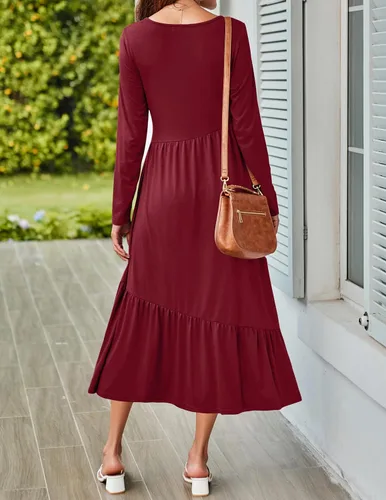 Vista 3 de HAEOF Vestido largo de manga larga para mujer, de cintura alta, holgado, casual, asimétrico, escalonado, plisado, acampanado, vestido largo