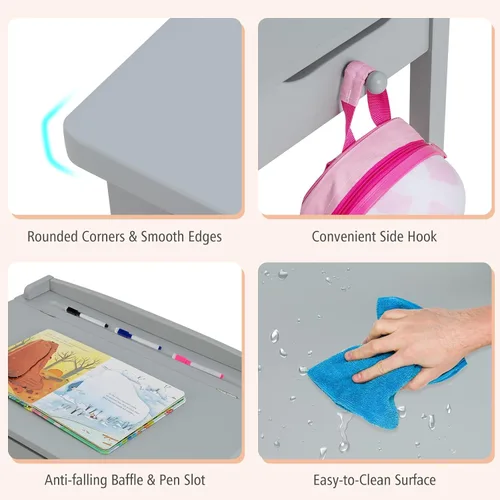 Vista 5 de Costzon - Juego de mesa y silla para niños, escritorio de estudio para niños con tapa abatible para sala de juegos y guardería, juego de mesa