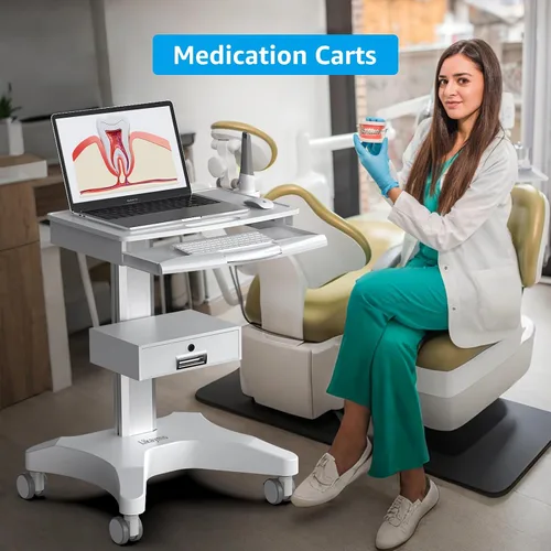 Vista 11 de Carrito médico con bandeja para laptop y soporte para escáner oral, estación de trabajo móvil sobre ruedas con cajón para hospitales, clínicas