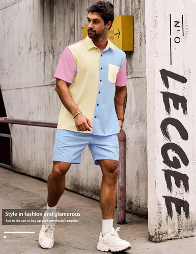 Vista 3 de LecGee Conjunto de 2 piezas de camisa y pantalones cortos de manga corta con botones para hombre