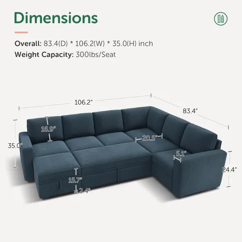 Vista 2 de HONBAY Sofá cama modular, sofá cama modular de pana extraíble con almacenamiento, sofás seccionales en forma de U para sala de estar, color azul