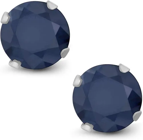 Vista 3 de Aretes de oro blanco de 10K genuino con perno de 4puntas (2,12quilates, 6mm, redondo), de zafiro color azul
